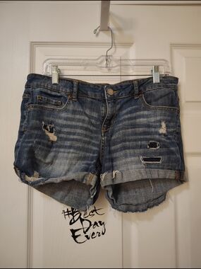 Aeropostale Distressed Rolled-Hem Denim Shorts - Blue